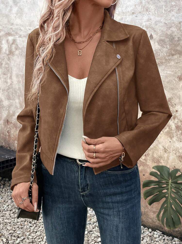 Damenjacke aus Wildlederimitat mit Schößchenkragen – Stilvolle Oberbekleidung für den Herbst aus weichem Chenille-Stoff, Reißverschlussdetail, klassische Passform (in 5 Farben erhältlich)_voghion.com