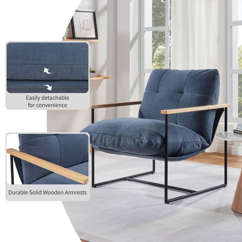 Modern Accent Chair, Comfy Chair With Removable Cushion, Vanity Chair With Wood Armrests For Living Room, Bedroom, Blue_voghion.com