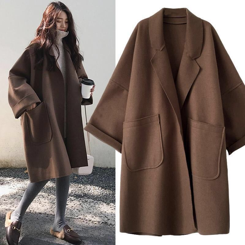 Elegant trenchcoat i ylle vinter för kvinnor Vintage vindjacka mellanlång Lös nedfällbar krage Plus storlek 4XL_voghion.com