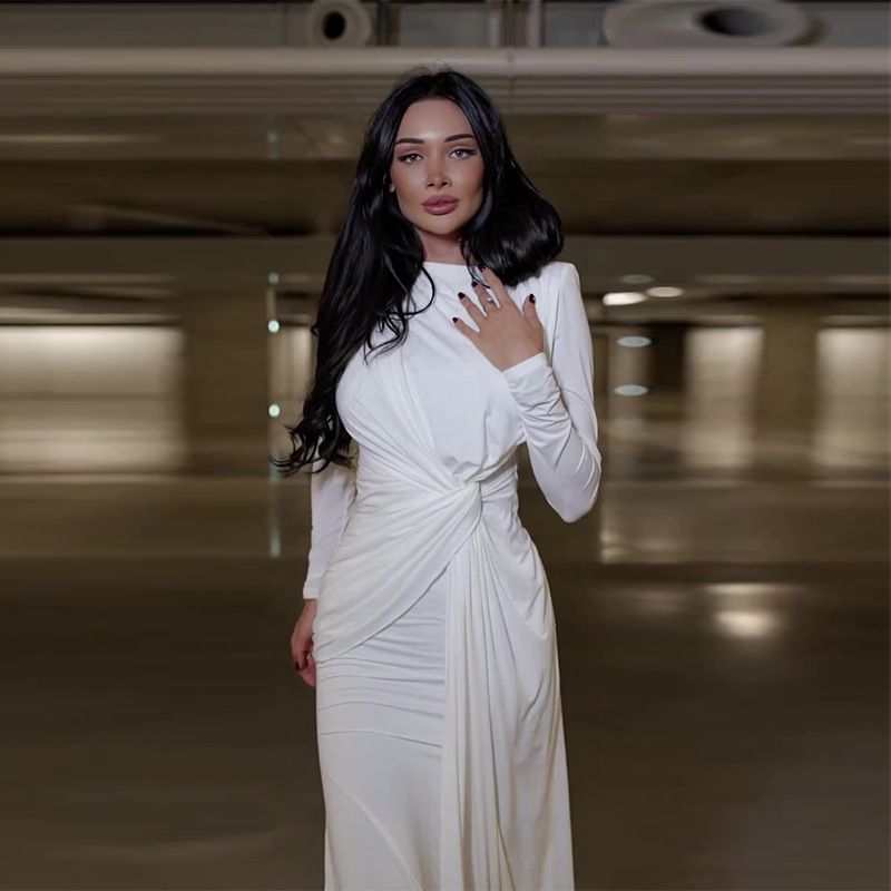 Women's Clothing Sexy Fashion Round Neck Pleated Waist Slim Fit Solid Color Temperament Dress_voghion.com