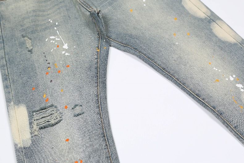 Vêtements pour hommes, jeans droits déchirés à l'encre ancienne délavés, style hip hop rétro original pour hommes_voghion.com