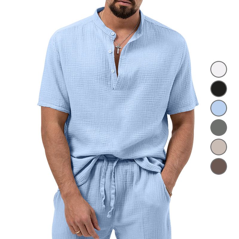 Maglietta estiva da uomo con colletto alla coreana, manica corta, leggera e casual, modello Bubble Fabric 2023_voghion.com