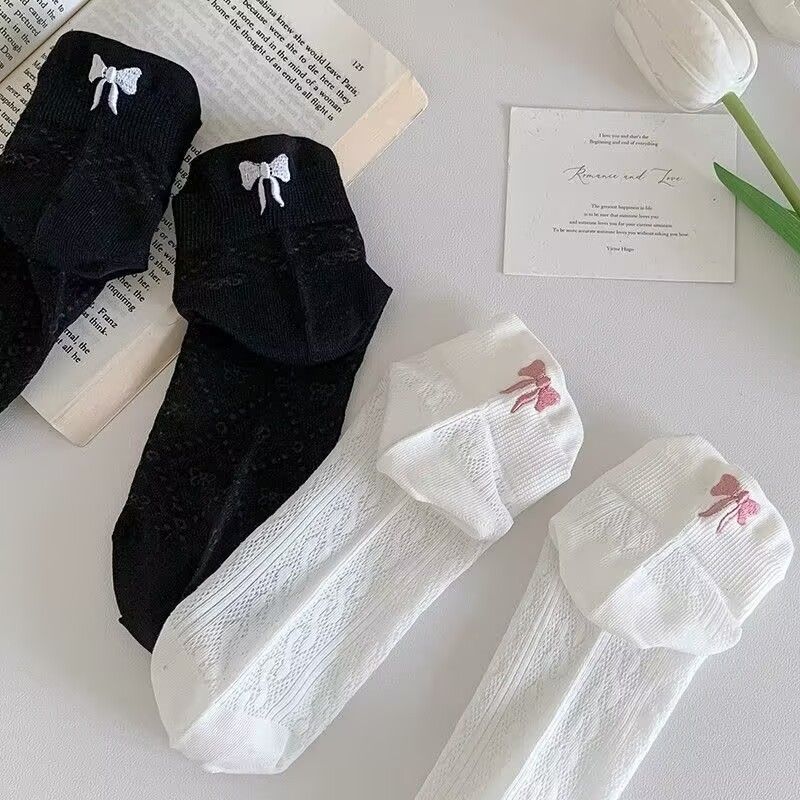 Bowknot Women's Cute Ballet Style Cotton Thin Mesh White Short Summer Socks_voghion.com