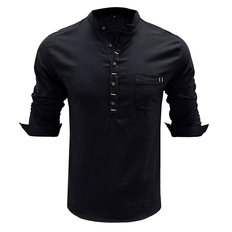 Herbst- und Winterhemd aus Baumwolle und Leinen, langärmeliges Henry-Kragenoberteil für den Außenhandel, lockeres Leinenhemd für Herren_voghion.com