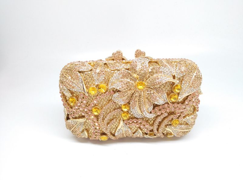 FGG Tote Metalleinlage und Blumenmuster für Damen, Abendtasche mit Strasssteinen, Clutch für Bankette_voghion.com