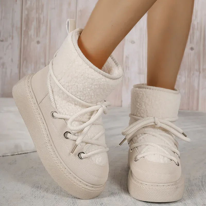 Scarpe da sci invernali da donna in pelle scamosciata con lacci, calde e imbottite, per il tempo libero, in lana sintetica, con plateau, 2024_voghion.com