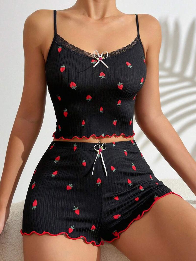 Ladies Pajama Set, Lace Lace Fashion Suspender Shorts Loungewear Two-piece Set_voghion.com