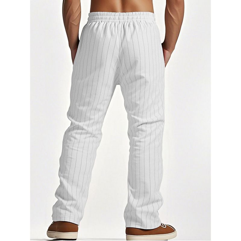 2025 Linen Summer Beach Drawstring Vertical Stripes Straight Comfortable Breathable Casual Long Men's Pants_voghion.com