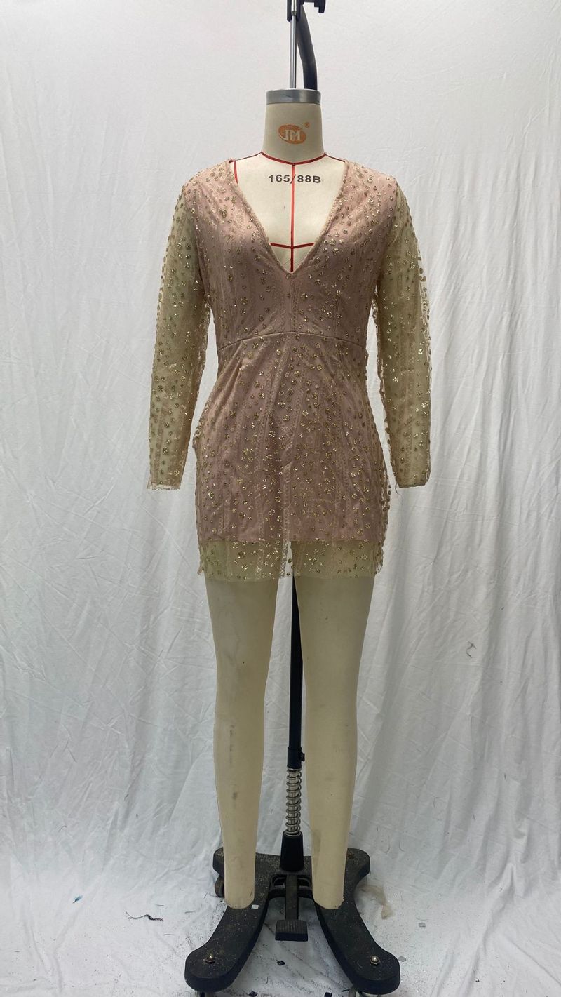 Abito corto con paillettes e maniche lunghe a V profondo da donna 2025_voghion.com