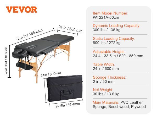 VEVOR Portable Massage Table 24" W, 2 Folding Lightweight Massage Table, 8-Level Height Adjustable Salon Tattoo Bed, Spa Table With Headrest, Armrests, Hand Pallet & Carrying Bag, 600LBS_voghion.com
