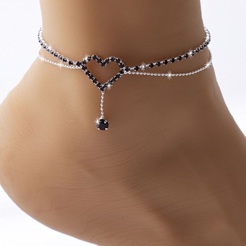 Modeschmuck, mehrlagiges Strand-Fußkettchen mit Strasssteinen und Herz-Design für Damen, Urlaubs- und Party-Accessoires_voghion.com
