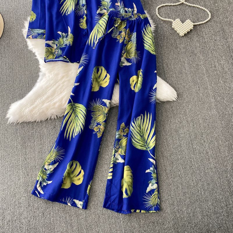 Damenbekleidung Retro Einreihiger Stehkragen Langarmhemd Design Bedruckte Jacke Zweiteiliger Anzug Hohe Taille Schlanke Hose mit weitem Bein_voghion.com