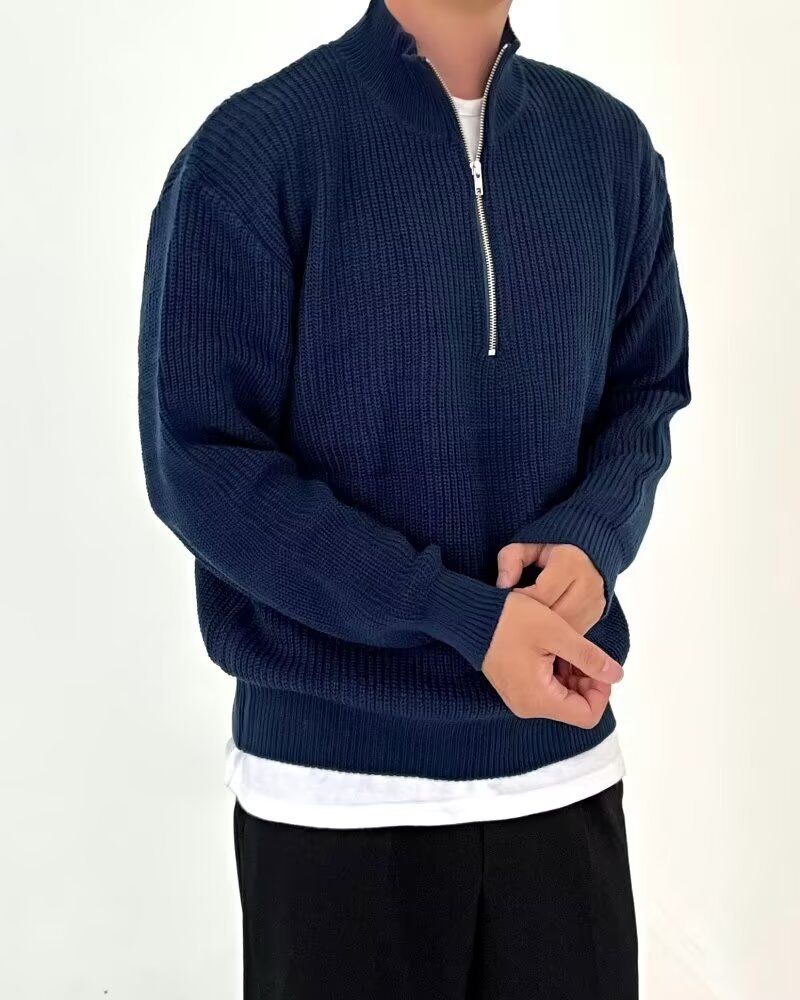Herren-Strickpullover mit halbem Reißverschluss – Koreanischer Pullover, einfarbig (Grau/Schwarz/Blau/Khaki, M-3XL)_voghion.com