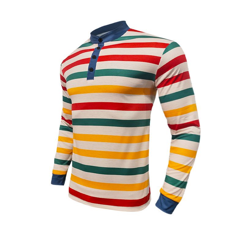 Polo da uomo autunno inverno 2024, a righe colorate, casual, girocollo, ampia, manica lunga, maglietta di base_voghion.com