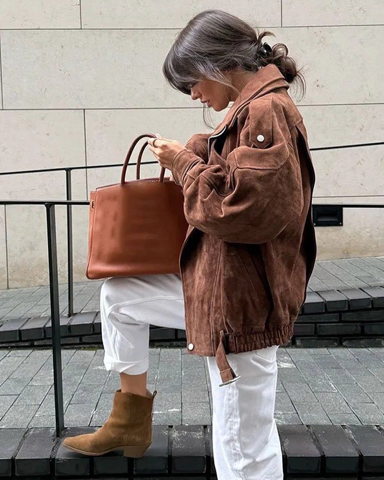 Stylish Short Biker Jacket For Women - Trendy Casual Outerwear With Stand Collar & Zipper Closure, Polyester Fabric, Slim Fit, Dark Brown_voghion.com