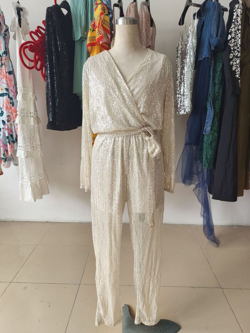 Glitter Sequin Wrap V-Neck Jumpsuit For Women - Stylish Long Sleeve Belted Romper, Casual & Party Outfit (Black, Silver,)_voghion.com
