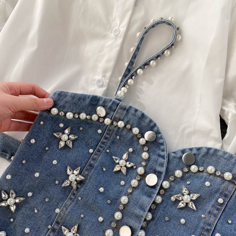 Sieviešu modes krekls ar pufām piedurknēm, augšējais bārkstis pērļu pavadas veste divdaļīgs komplekts_voghion.com