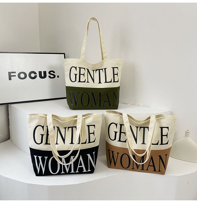 Stor kapacitet Letter Canvas Kvinder 2024 Ny sommer Mommy One Shoulder Tote til at gå ud Håndholdt indkøbstaske_voghion.com