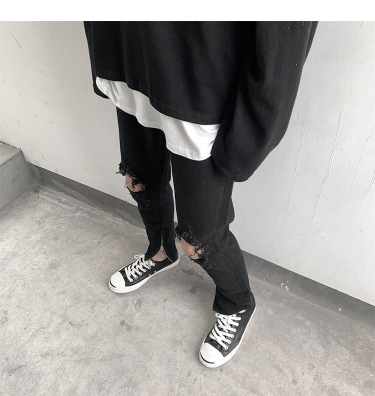 Korean version of trendy high street summer black loose straight leg jeans with large holes for men's casual versatile_voghion.com