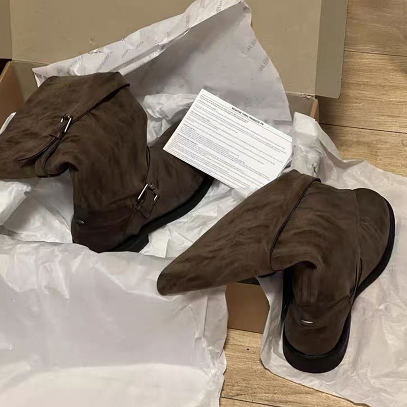 Cowhide Version~Korean Version Wide Tube Color Rubbing Sole Retro High Women's Pile Thick Heel Long Knight Boots_voghion.com