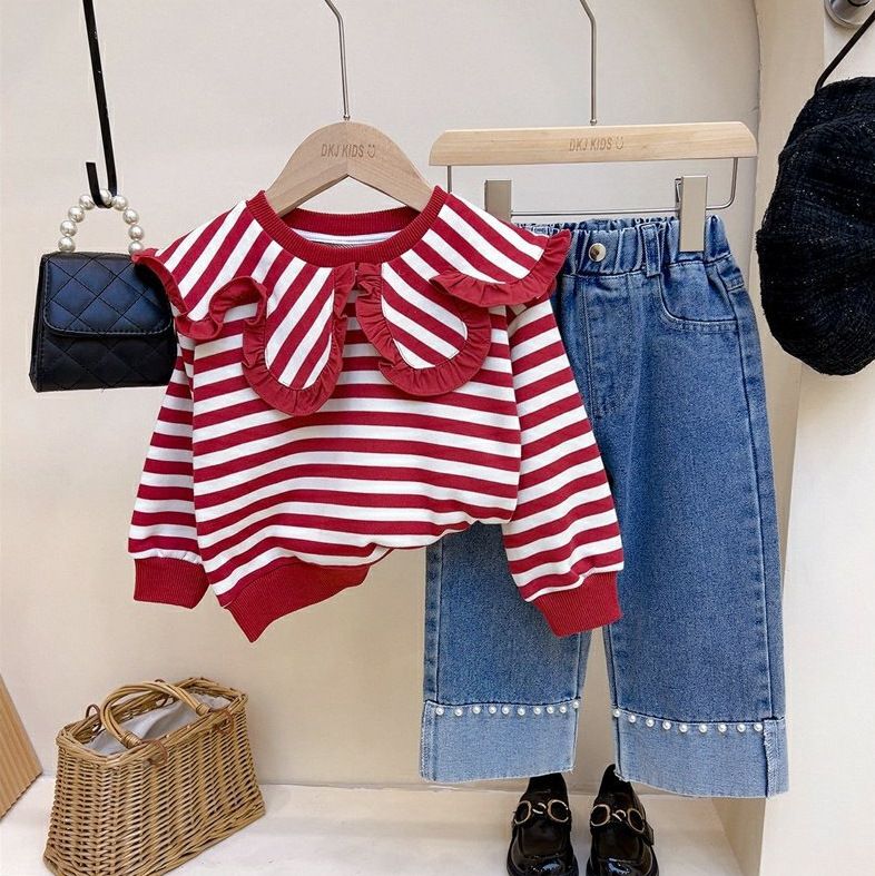 Ensemble deux pièces pour enfants, haut à revers rayé, pull, jean perlé_voghion.com