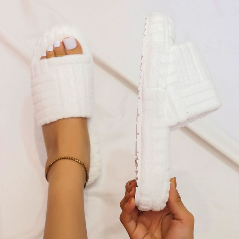 Women's one word thick bottom solid color towel fabric woolly slippers_voghion.com