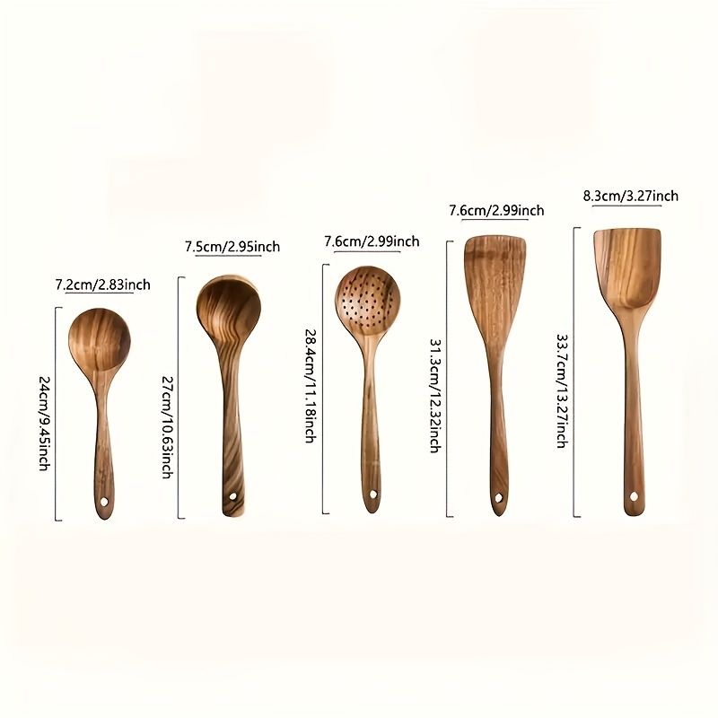 Premium 5pcs Wooden Kitchen Utensils Set Ergonomic Handle Natural Wood Spoon Spatula Non-Stick Pan Scraper Heat-Resistant Durable Cooking Essentials_voghion.com