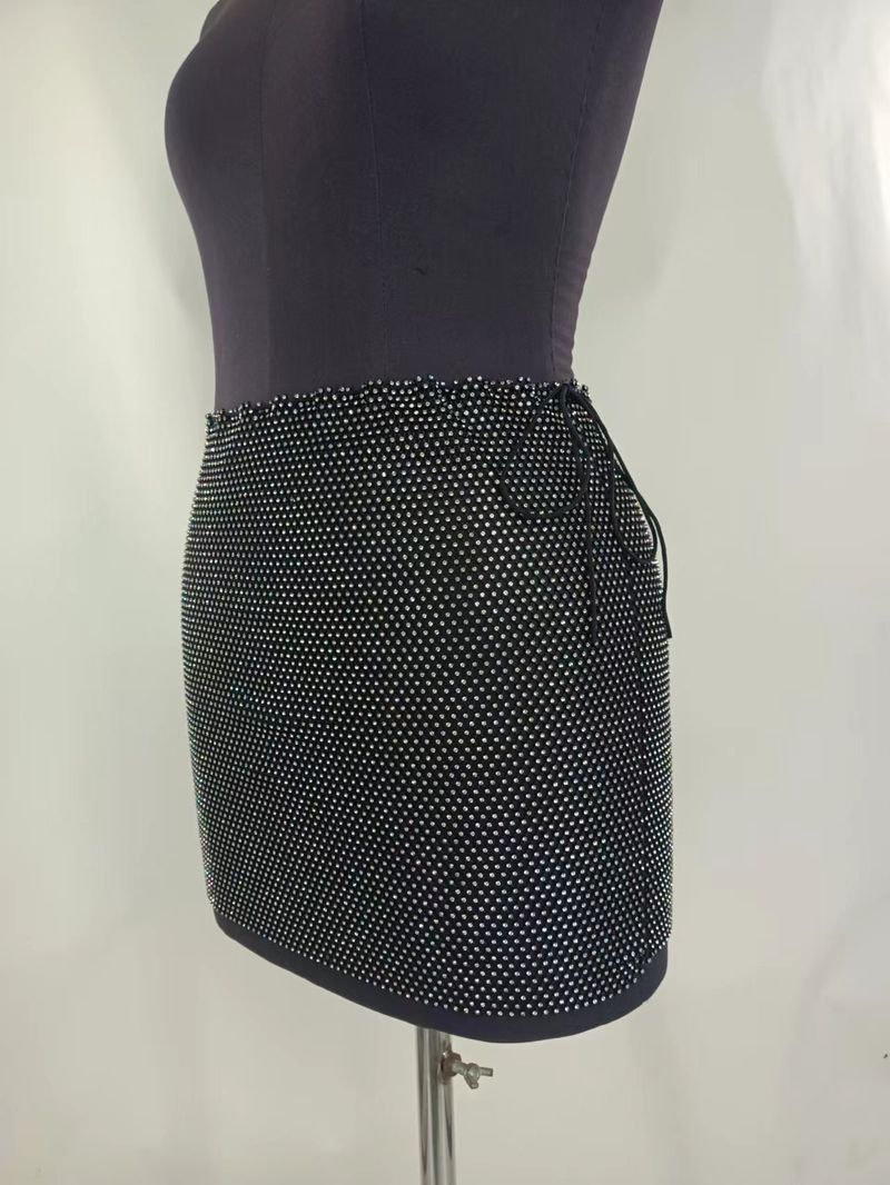 Sexy rhinestone inset diamond cloth hanging neck wrap chest top stitching skirt suit_voghion.com