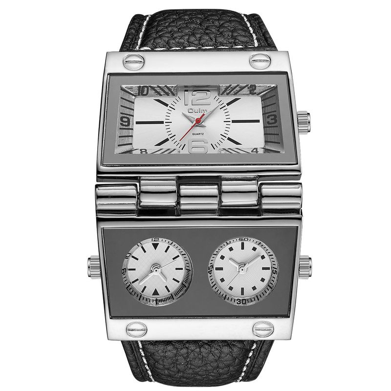 Men's Stylish Multi-Time Zone Quartz Watch With Large Square Dial, Genuine Leather Strap, And 30M Water Resistance_voghion.com