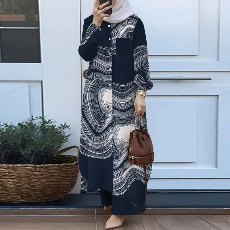 Traje de bata estampado a la moda para mujer, camisa y pantalones de manga larga con botones, traje de dos piezas_voghion.com