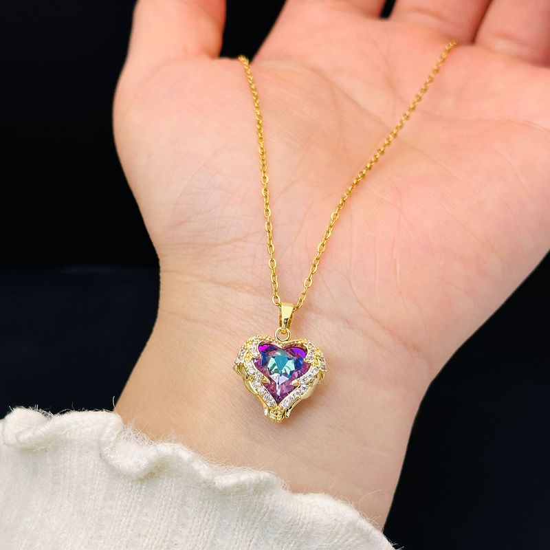 Collana Cuore dell'Oceano con ciondolo in cristallo colorato da donna, in acciaio al titanio placcato, leggera e di lusso, con catena a clavicola_voghion.com