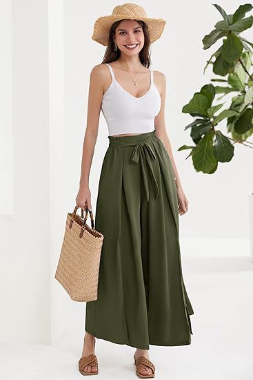 Calça Palazzo Feminina Leve, Casual, de Cintura Alta, com Bolsos e Fenda - Calça Larga e Flutuante para o Verão_voghion.com
