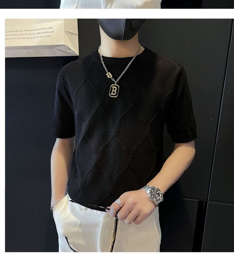 Camiseta de manga curta de seda gelada para o verão, suéter de malha fino da marca da moda, corte slim, elástico e respirável_voghion.com