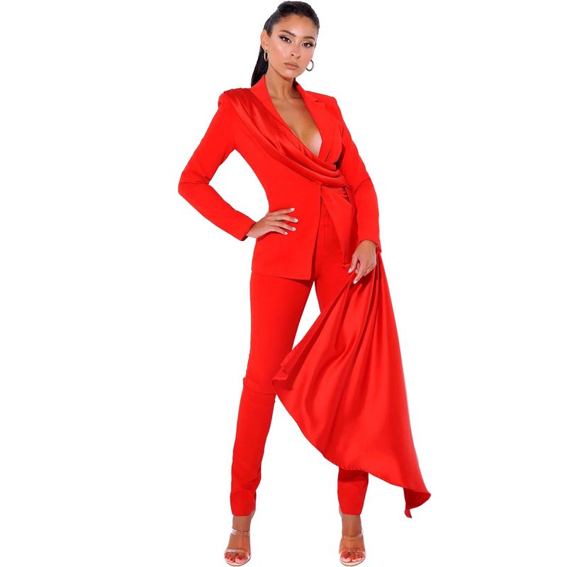 Women's sexy suit jacket two-piece solid color casual long-sleeved lapel button _voghion.com