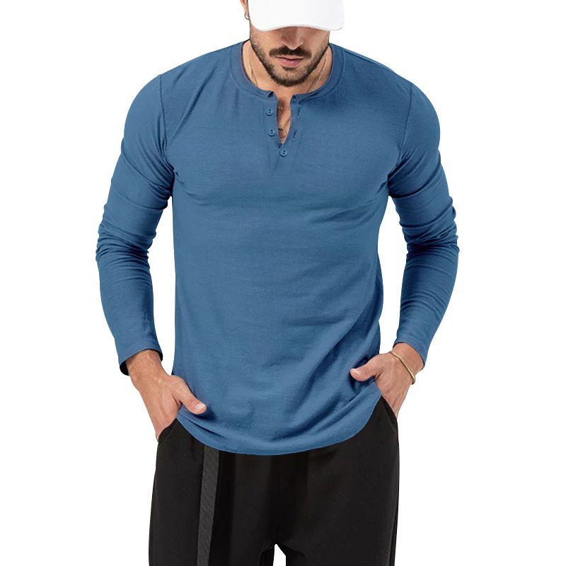 Unschlagbare Qualität 2025 Langarm-T-Shirt Rundhalsausschnitt Einfarbig Button-Down Henley Casual Sports Base Shirt Herrenbekleidung_voghion.com