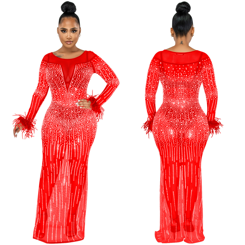 Damenmode-Nachtclub-Party mit Diamant-Damen-Mesh-Perspektive, langärmeliges Kleid, Damenkleid_voghion.com