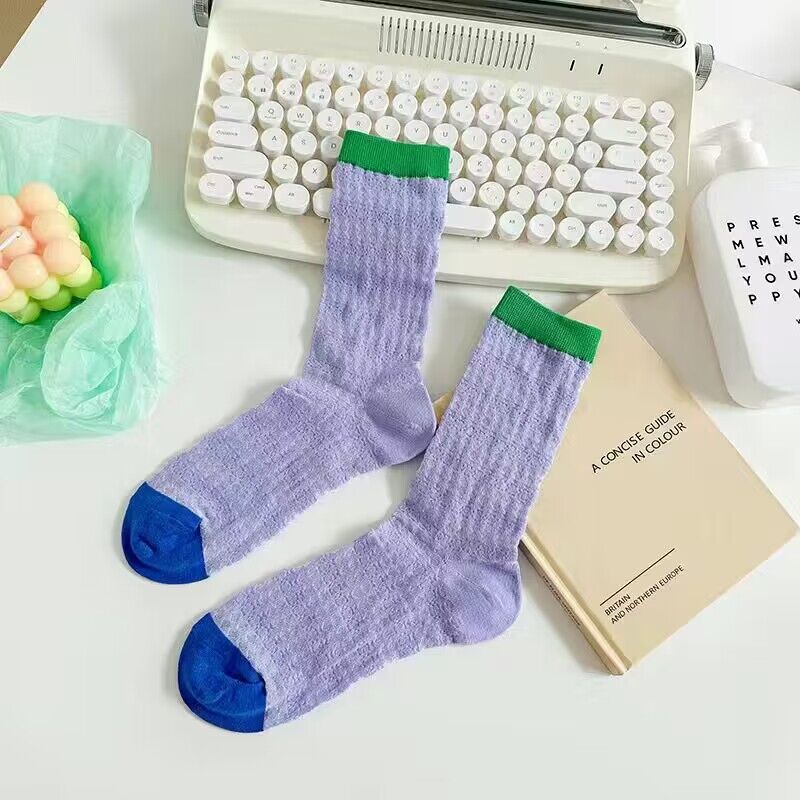 Calcetines largos apilados de malla fina transpirables de verano 2025d para mujer, estilo moderno, con bloques de color_voghion.com