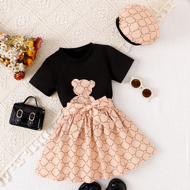 Babytøj Summer Bear print pit strip kortærmet plisseret nederdel bæltehat Britisk jakkesæt i flere dele_voghion.com