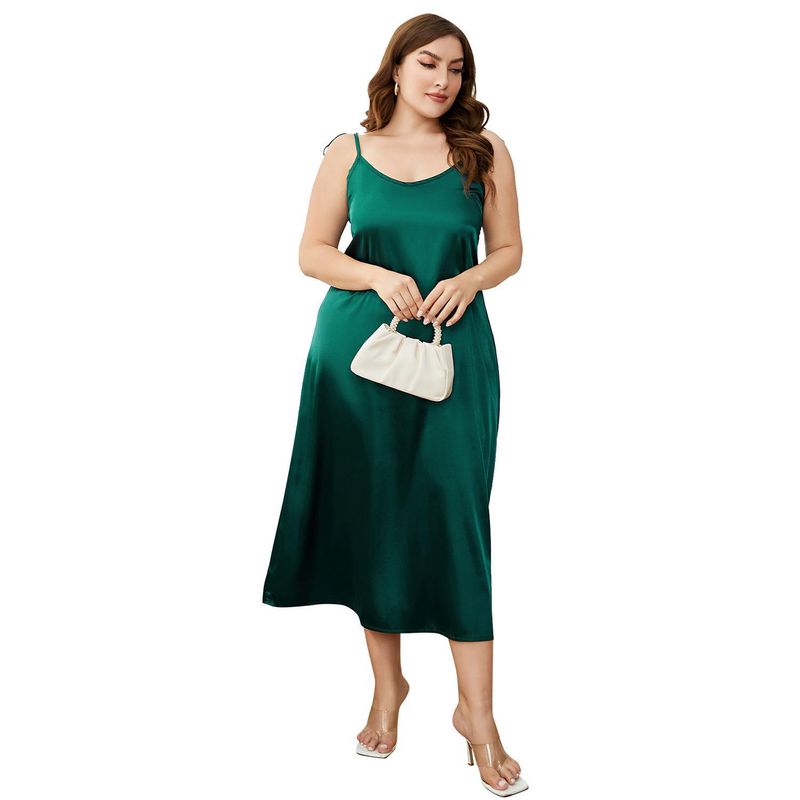 Plus Size Satin Nightgown For Women - Summer V-Neck Camisole Sleep Dress With Adjustable Straps & Cooling Polyester Fabric (1XL-4XL, Golden/Green)_voghion.com