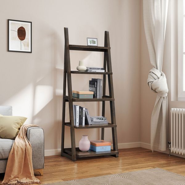 5-Tier Shelves,Bookshelf, Storage Rack, Bookcase With Rubber Wood Frame, Ladder Shelf For Living Room, Home Office, Kitchen, Bedroom, Apartment ,Rus_voghion.com