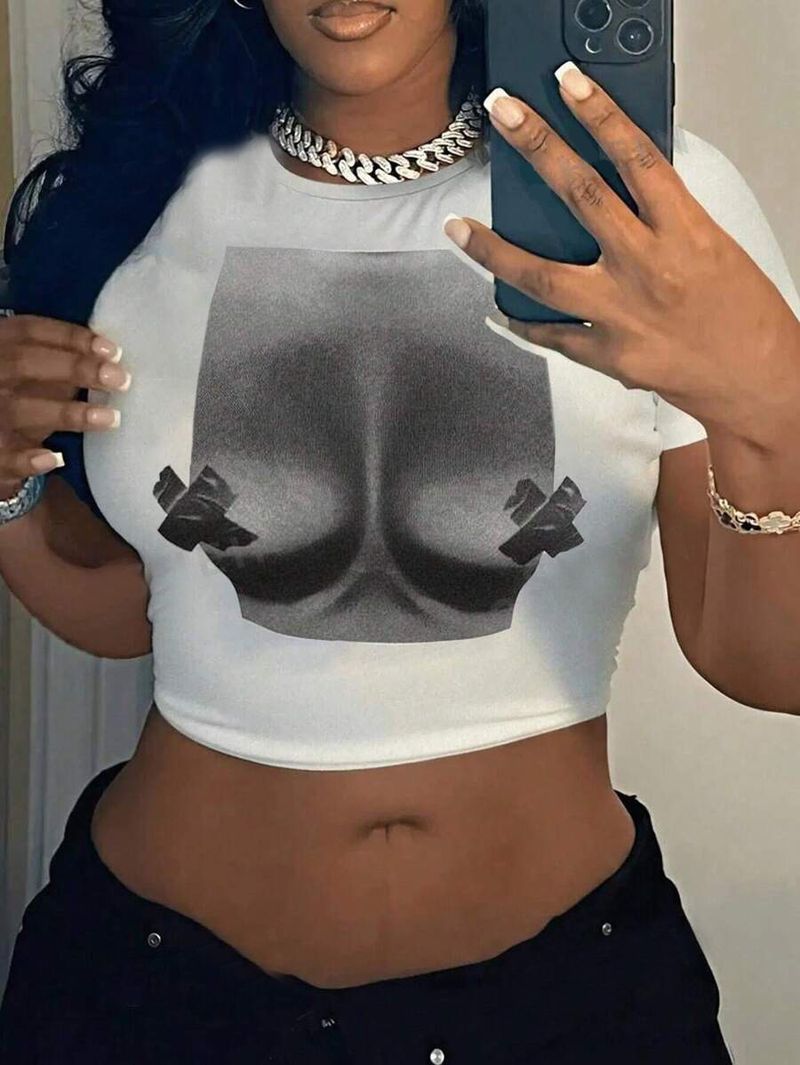 Zomer 2024 Nieuw product Eenvoudige mode bedrukte open navelstreng afslankende onderkant dames top T-shirt_voghion.com