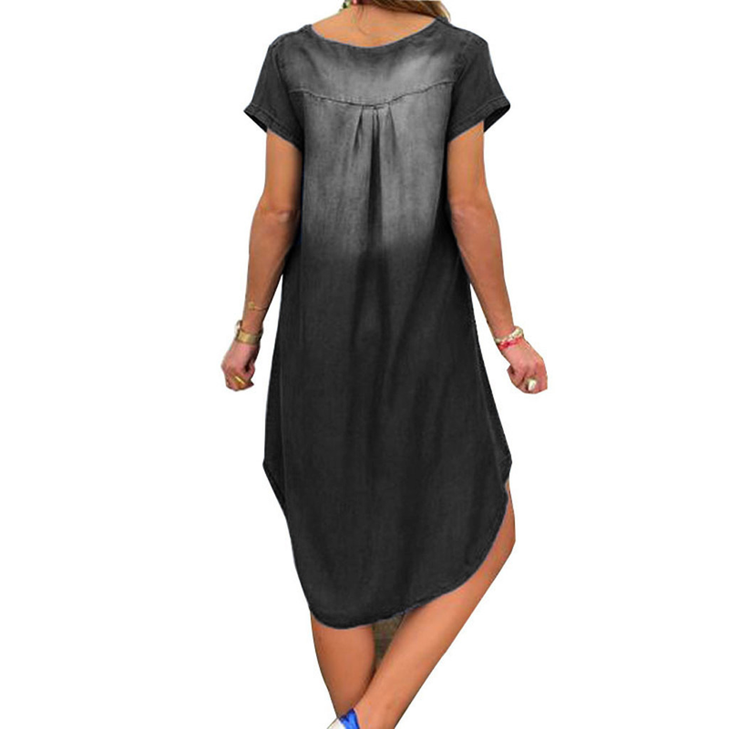 Lässiges, einfarbiges, kurzärmeliges Jeanskleid mit V-Ausschnitt für Damen_voghion.com