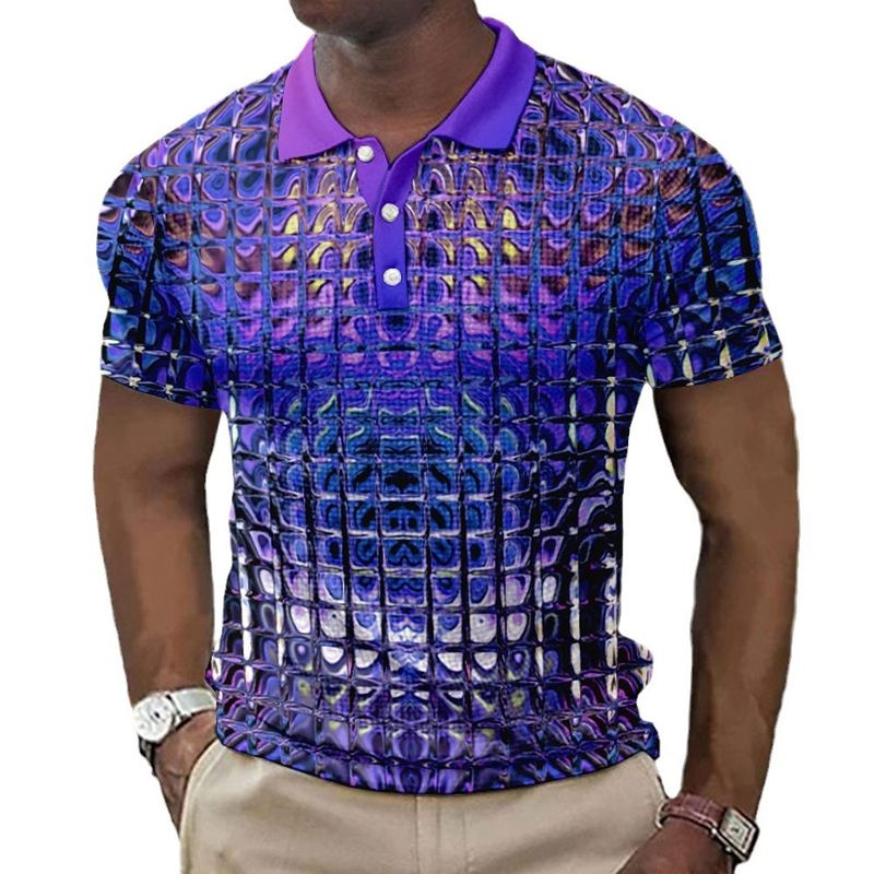 Oversized men's waffle polo with button up lapel golf shirt gradient plaid/plaid_voghion.com