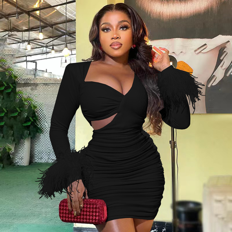 Damenmode, lässig, einfarbig, unregelmäßiger Ausschnitt, hohle Manschette, Federspleißen, langärmeliges Kleid_voghion.com