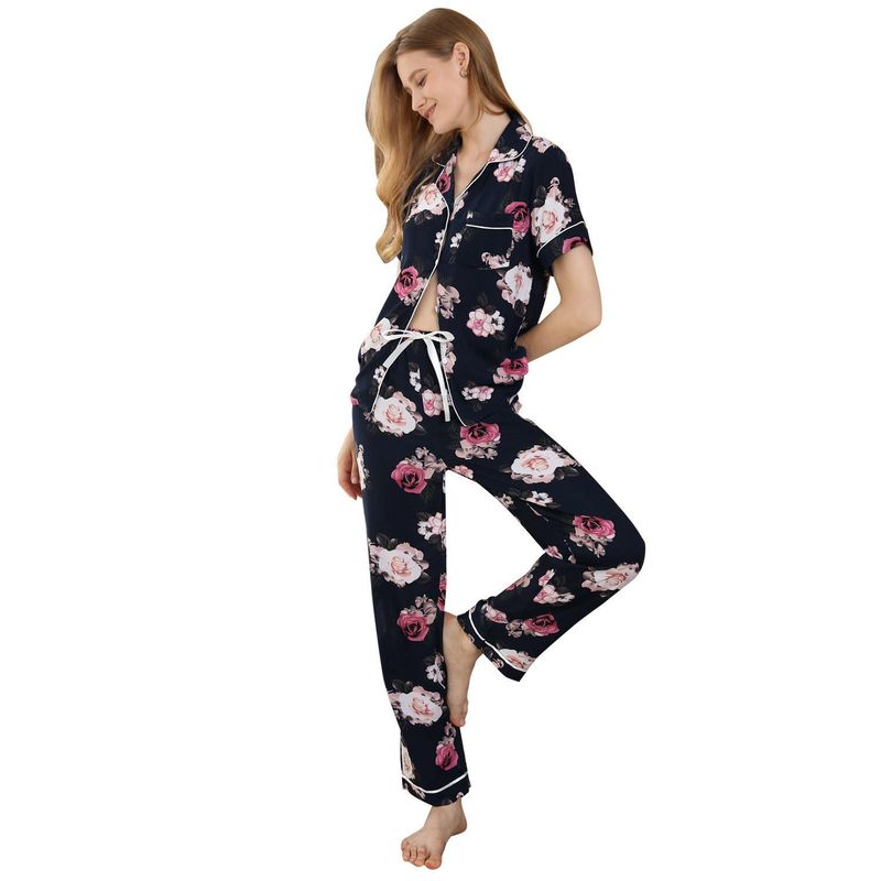 Pyjama Dames Zomer Plantenprint Korte Mouw Shirt Lange Broek Tweedelige Set Huiskleding Pamas_voghion.com