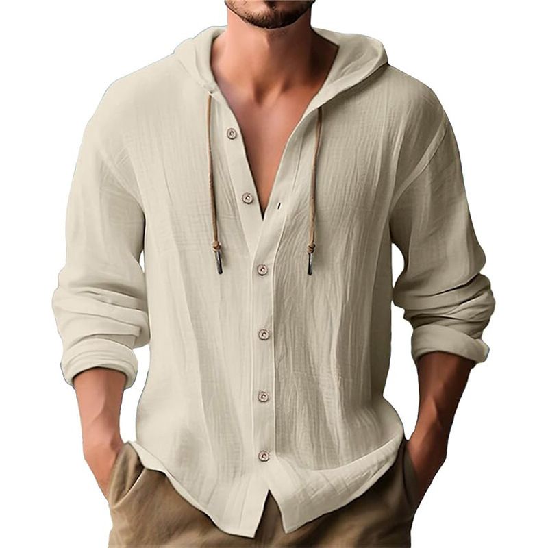 Maglietta casual a maniche lunghe con cappuccio e coulisse in cotone e lino, tinta unita, da uomo, alla moda, da abbinare a qualsiasi outfit, da spiaggia_voghion.com
