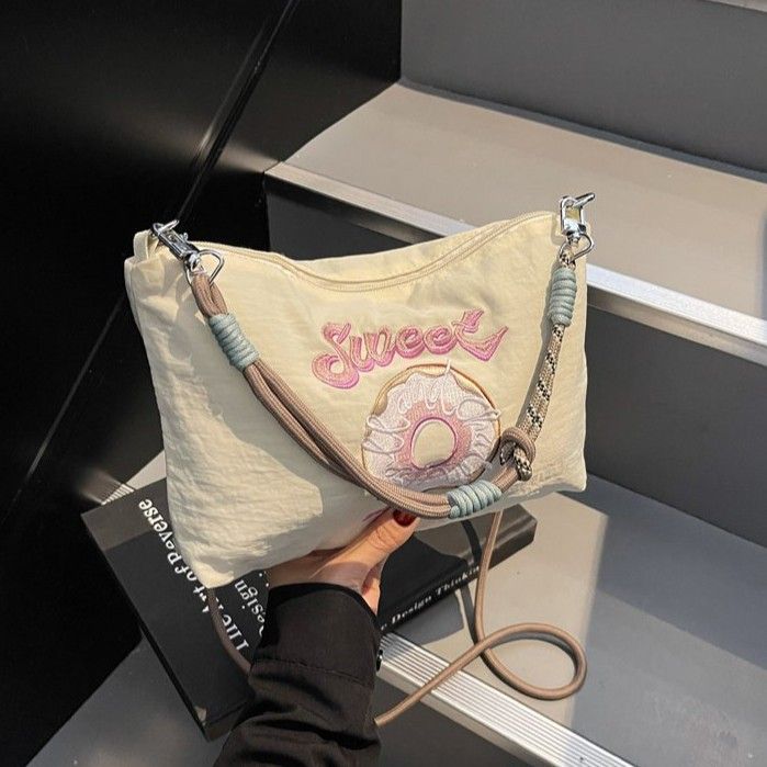 Embroidered Donut Handbag Nylon Fabric Trendy Women Japanese And Korean Style Casual Outing Commuting Crossbody_voghion.com