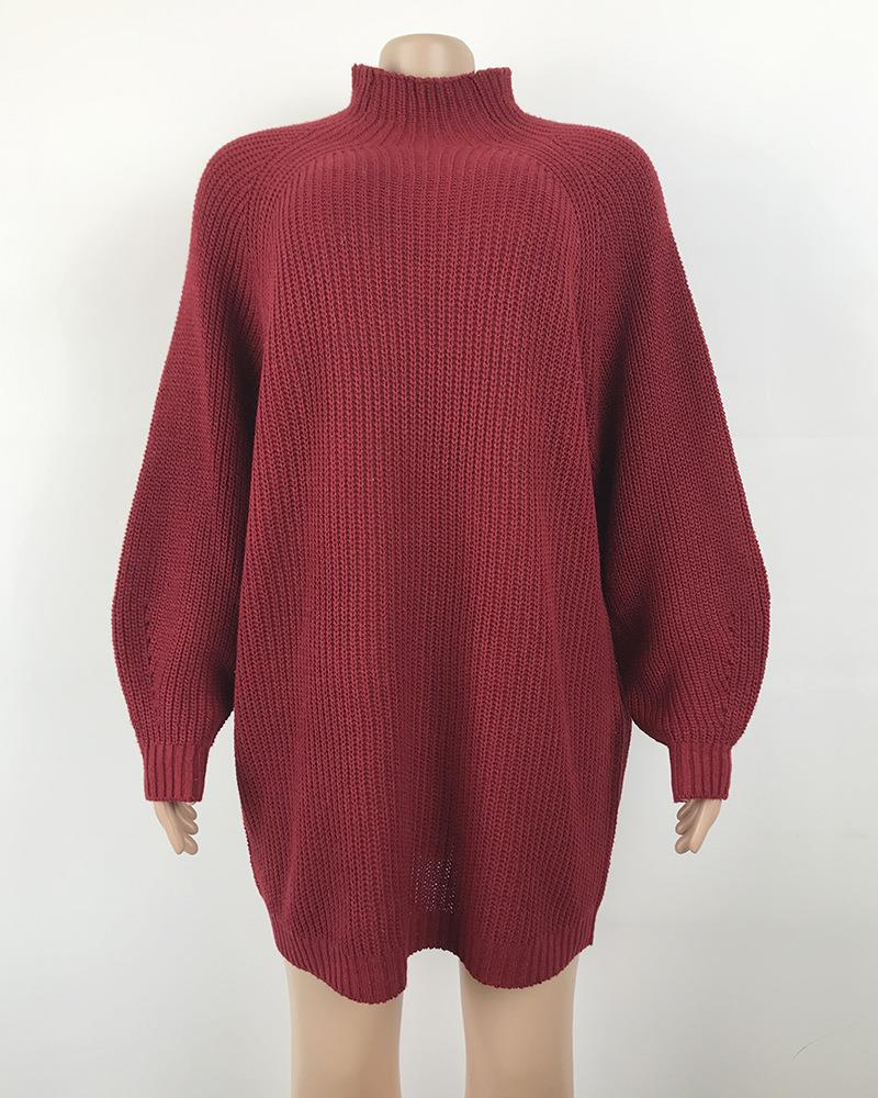 Knitted Sweater Mid-Length Raglan Sleeve Half Turtleneck Sweater Dress_voghion.com