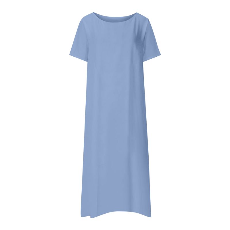 2023 Sommer Neues Langes Damen Casual Solid Kurzarm Rundhalskleid_voghion.com