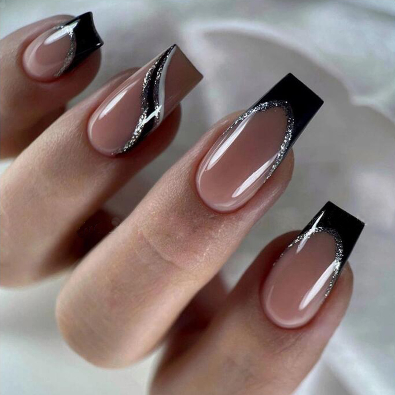 French 24Pcs Simple False Nails with Shiny Powder Mid-length Square Fake Nail Full Cover Nail Tip Wearable Bal_voghion.com